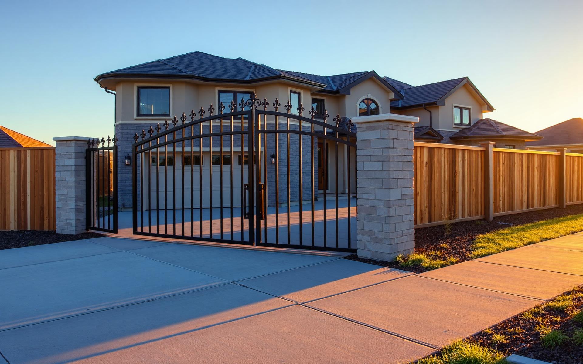 Custom metal gate, wood fence and concrete driveway installed by Infinity Outdoor Remodeling